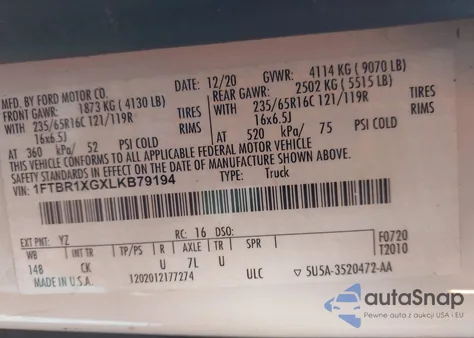 2020 Ford Transit-250 из США, поврежденный, VIN 1FTBR1XGXLKB79194